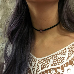 Minimalist choker necklace, Layering Necklace, burgundy pendant, black suede necklace, wrap bracelet, ceramic bead on leather cord - AFN 124