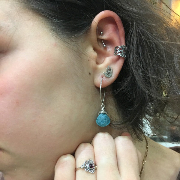 Apatite drop Earrings, circle hook earrings, Sterling silver Hoop Earrings, Dangle stone Earrings, wire wrap dainty silver Hoops - E8068-2