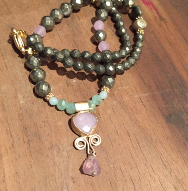 Rose quartz pyrite necklace, multistone necklace, gemstone pendant, gold necklace, beaded, jade necklace, romantic necklace - Roses N2038
