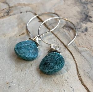 Apatite drop Earrings, circle hook earrings, Sterling silver Hoop Earrings, Dangle stone Earrings, wire wrap dainty silver Hoops - E8068-2