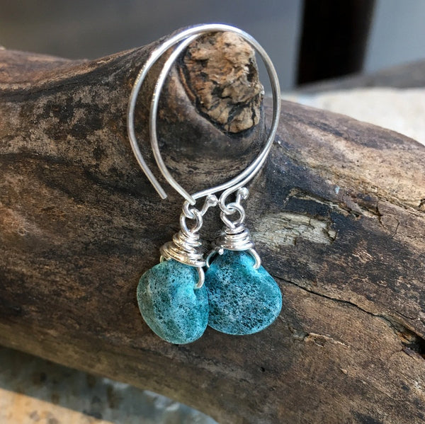 Apatite drop Earrings, circle hook earrings, Sterling silver Hoop Earrings, Dangle stone Earrings, wire wrap dainty silver Hoops - E8068-2