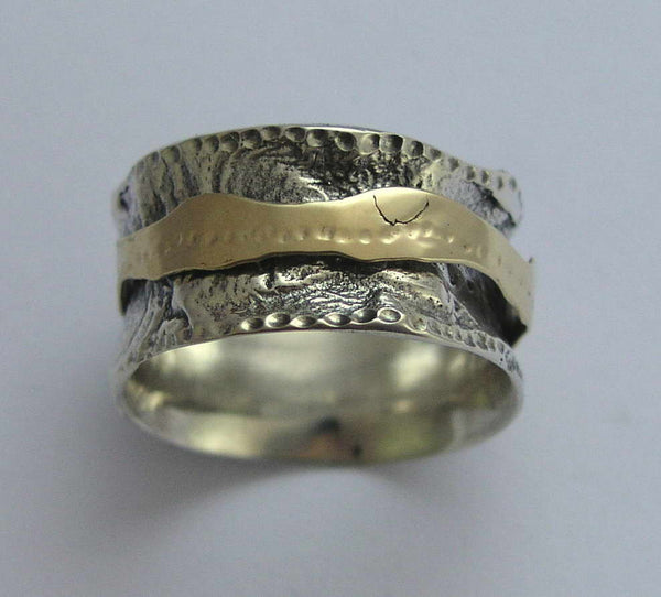 Silver gold Wedding Band, Spinning Ring, anxiety Ring, fidget ring, unisex Wedding ring, Wide silver ring, hammered Band - Let it be R1360C
