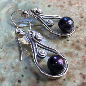 Black Pearl dangle Sterling silver long earrings 