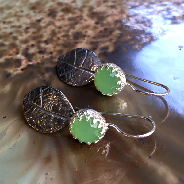 Jade earrings, Sterling silver earrings, botanical earrings, leaf earrings, woodland earrings, green stones earring - End of summer E8053