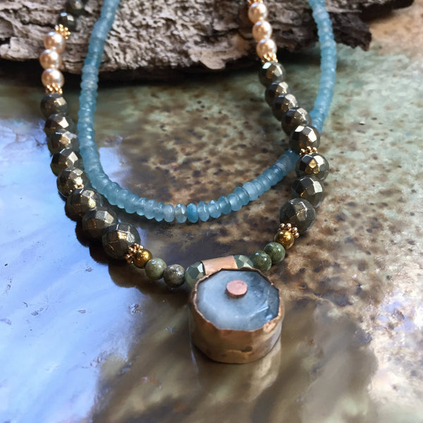 Aquamarine necklace, pyrite necklace, gemstone pendant, milky aquamarine necklace, double gold necklace, peach pearls - Aqua eyes N2037