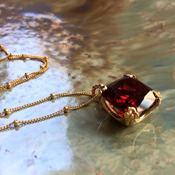 Garnet necklace, cushion cut stone pendant, floral pendant, golden brass pendant, January birthstone, twotone necklace - Hello spring N2039B