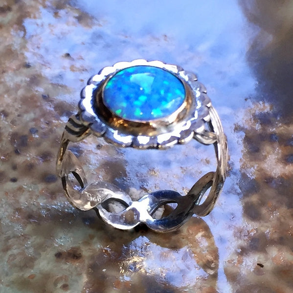 Blue opal ring, Sterling silver gold ring, statement ring, cocktail ring, gemstone ring, blue stone ring, stone ring - Winter Lady R2411