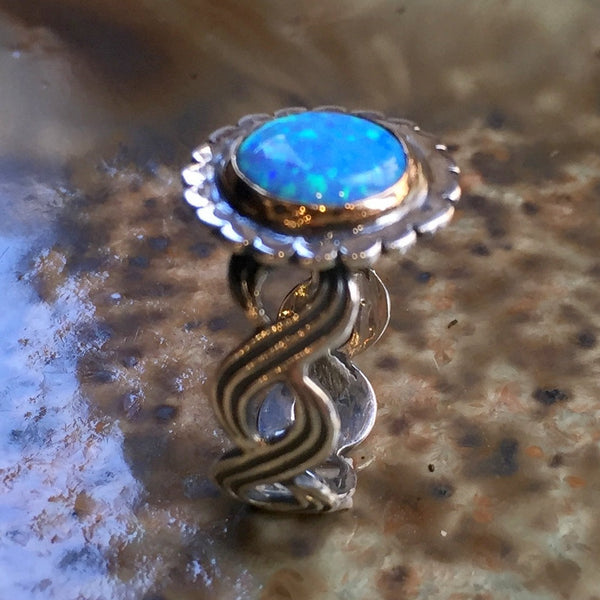 Blue opal ring, Sterling silver gold ring, statement ring, cocktail ring, gemstone ring, blue stone ring, stone ring - Winter Lady R2411