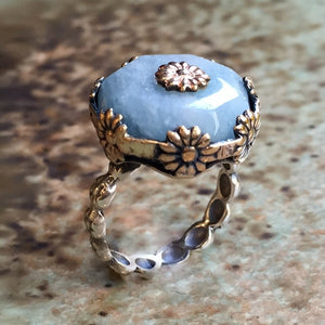 Aquamarine floral sterling silver gold ring