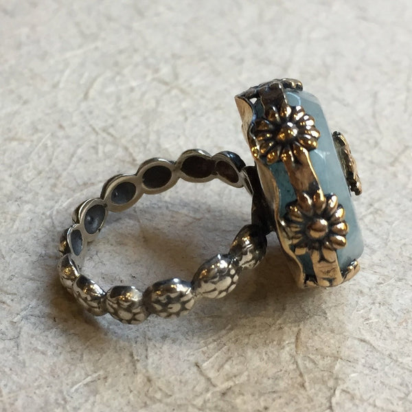 sterling silver gold cocktail Milky aquamarine gemstone ring 