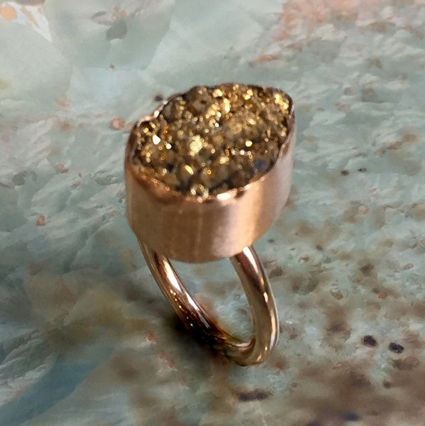 Golden druzy ring, Gold filled ring, boho ring, Pyrite ring, stone ring, shiny gold band, high stone ring, engagement - The Better Way R2416