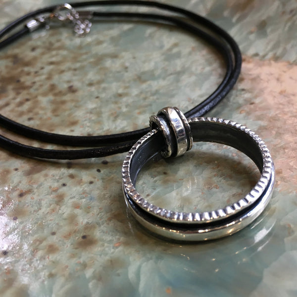 Sterling silver mens necklace, spinner ring necklace, silver circle pendant, unisex necklace, Black leather cord men jewelry - Zodiac N2033S
