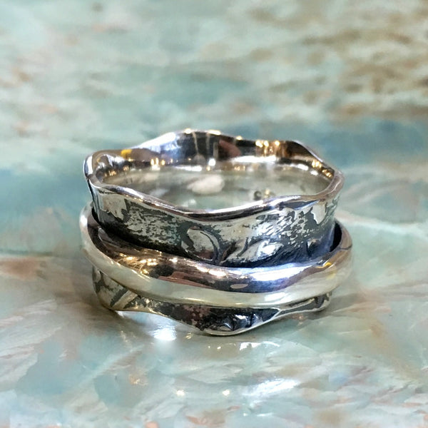 Silver spinner ring, botanical ring, leaves ring, Wedding band, Sterling silver band, meditation ring, Rustic ring, gift  - Feeling R2458
