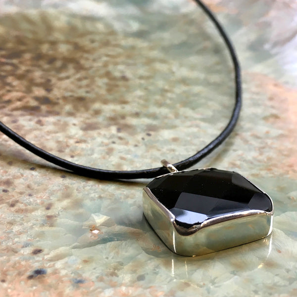 Square Onyx Necklace, gemstone necklace, Sterling silver pendant, evening necklace, black cord modern necklace - Once in a lifetime N2053