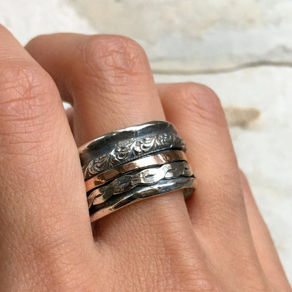 Spinner ring, Silver gold ring, wedding band, stacking rings, gold silver ring, boho ring, Mens band, unisex ring - Hidden Place R2459