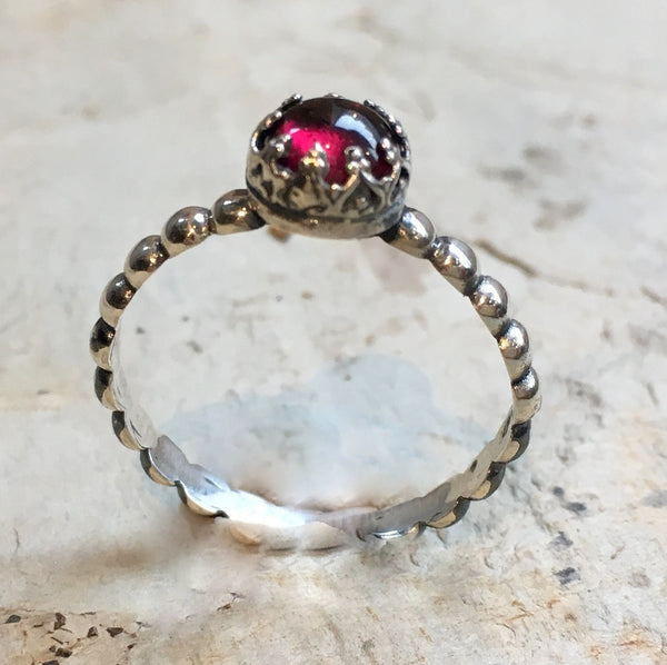Skinny stacking ring, Silver Garnet ring, birthstone ring, January birthstone ring, silver crown ring, Dainty ring - Keep It Together R2465
