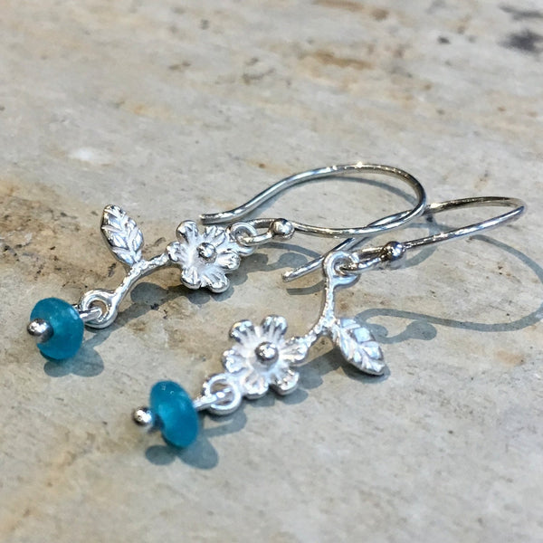 Simple flower earrings, sterling silver earrings, blue quartz earrings, floral earrings, dangle earrings, dainty earrings - In Dreams E8061