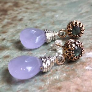 Purple Chalcedony Labradorite earrings, Gold filled earrings, drop earrings, Wire wrap crown earring, dangle earrings - Her smile  E8056