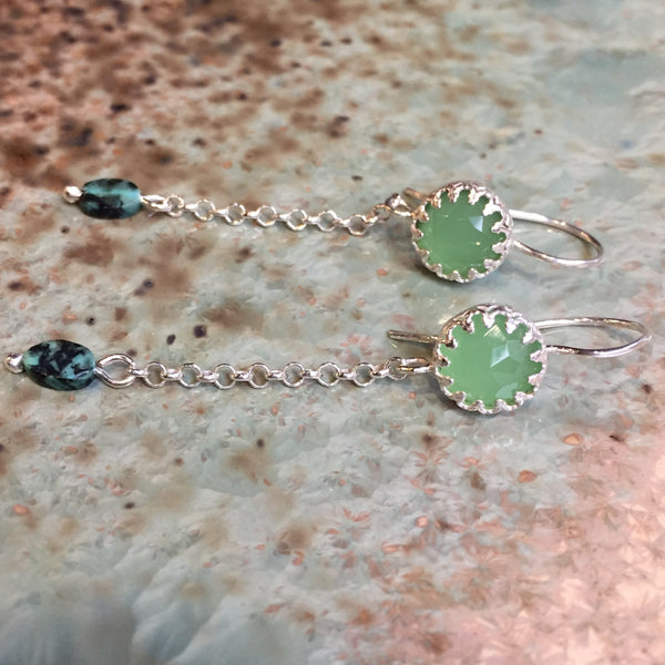 Dangle crown silver jade turquoise earrings