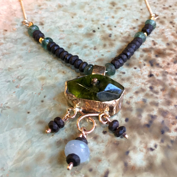Green quartz necklace, gold filled necklace, gemstones pendant, beaded necklace, onyx necklace, gypsy necklace - Green eyes N2042