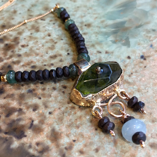 Green quartz necklace, gold filled necklace, gemstones pendant, beaded necklace, onyx necklace, gypsy necklace - Green eyes N2042