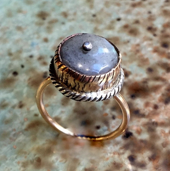 Milky aquamarine ring, sterling silver gold ring, cocktail ring, gemstone ring, two tones ring, grooved ring - Almost like the blues R2418