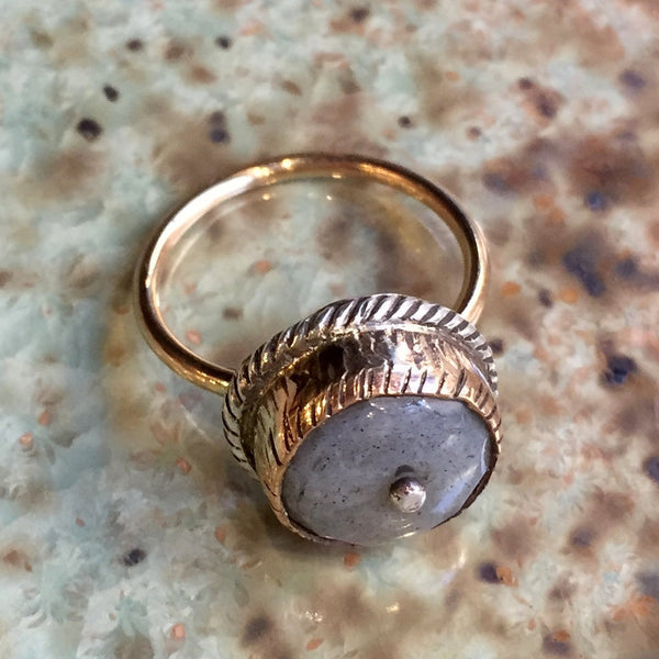 Milky aquamarine ring, sterling silver gold ring, cocktail ring, gemstone ring, two tones ring, grooved ring - Almost like the blues R2418