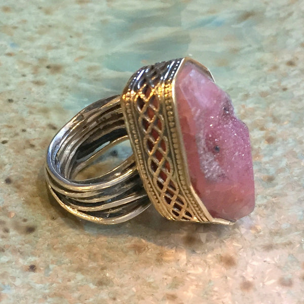 Raw cherry quartz ring, engagement ring, Silver gold ring, OOAK, two tone ring, large ring, high ring, wire wrap - Love calls you R2423