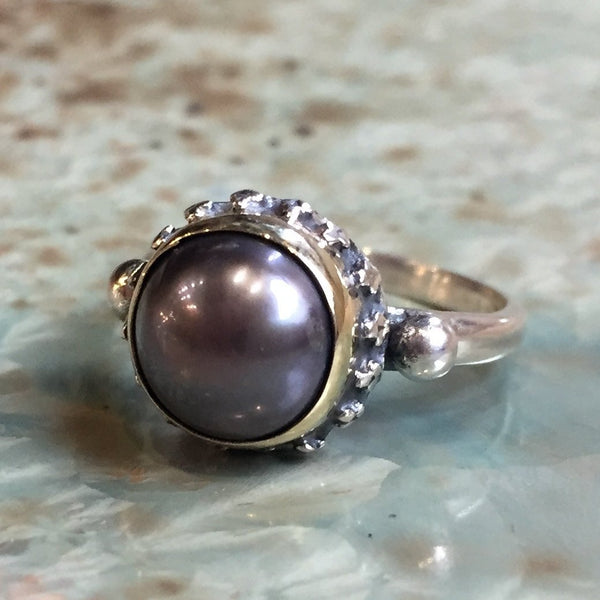 silver gold black pearl crown ring