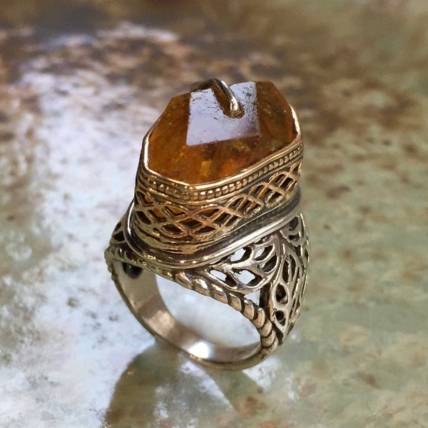 OOAK ring, Yellow quartz ring, organic ring, boho ring, hippie ring, cocktail ring, silver gold ring, two tones ring - Lady Midnight R2430