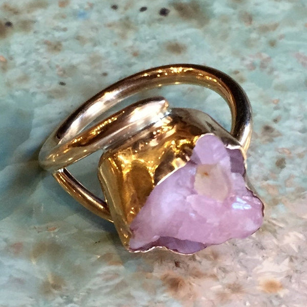 Raw Rose quartz Ring, yellow gold ring, gold filled ring, gemstone ring, ooak ring, statement ring, rose gemstone ring - So long ago R2431