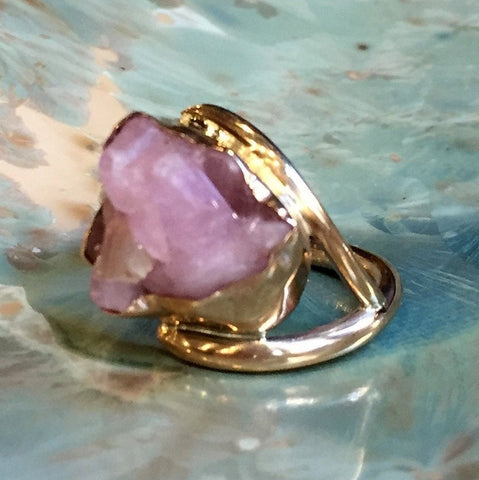 Raw Rose quartz Ring, yellow gold ring, gold filled ring, gemstone ring, ooak ring, statement ring, rose gemstone ring - So long ago R2431