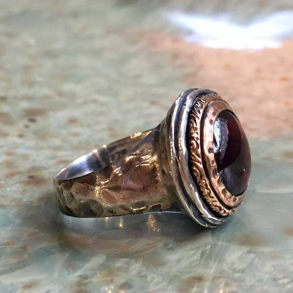 Red garnet ring, stone ring, two tone ring, statement ring, silver gold ring, gemstone ring, statement cocktail ring - It's got to be  R2432