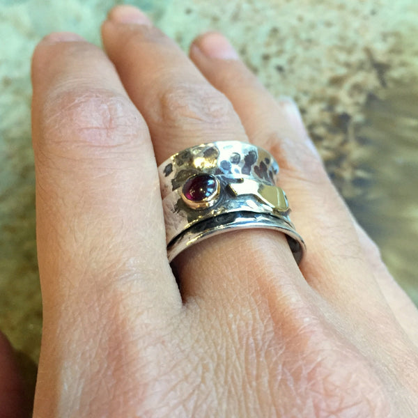 Sterling silver gold band, spinner ring, hand bird ring, Two tones ring, wide band, hamsa ring, garnet  turquoise - Bird in my heart R2433