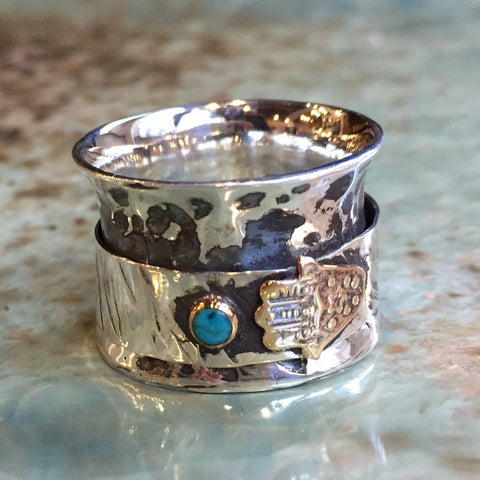 Sterling silver gold band, spinner ring, hand bird ring, Two tones ring, wide band, hamsa ring, garnet  turquoise - Bird in my heart R2433