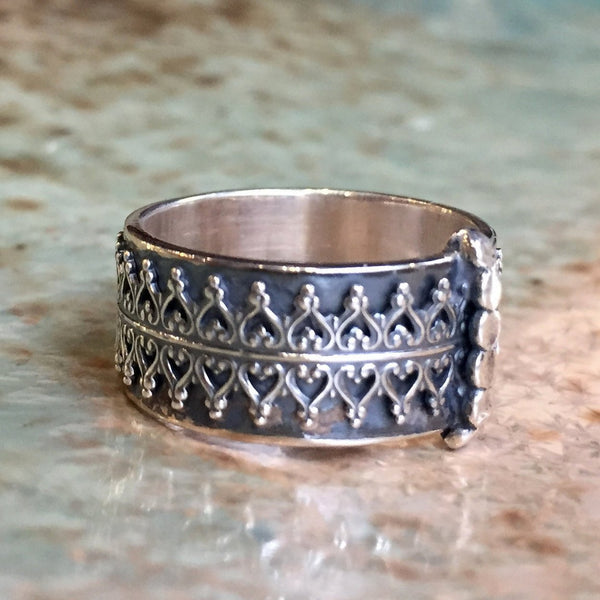 Crown Silver ring, Wide silver band, wide silver band,unisex band, wedding band, organic boho ring, statement ring - Soft night R2434