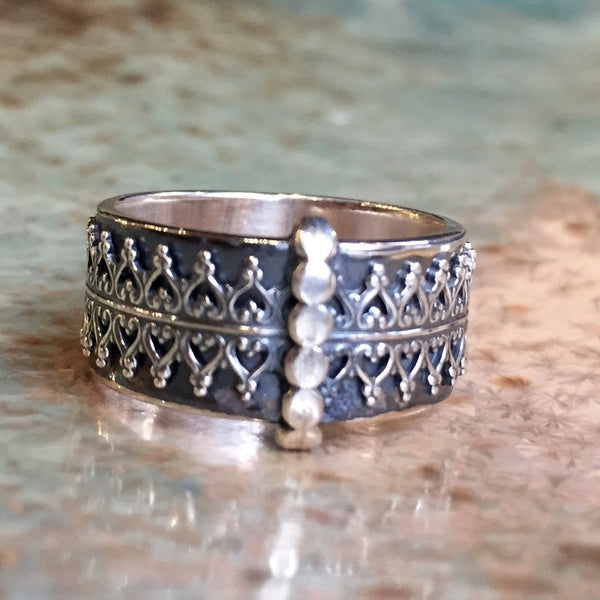 Crown Silver ring, Wide silver band, wide silver band,unisex band, wedding band, organic boho ring, statement ring - Soft night R2434