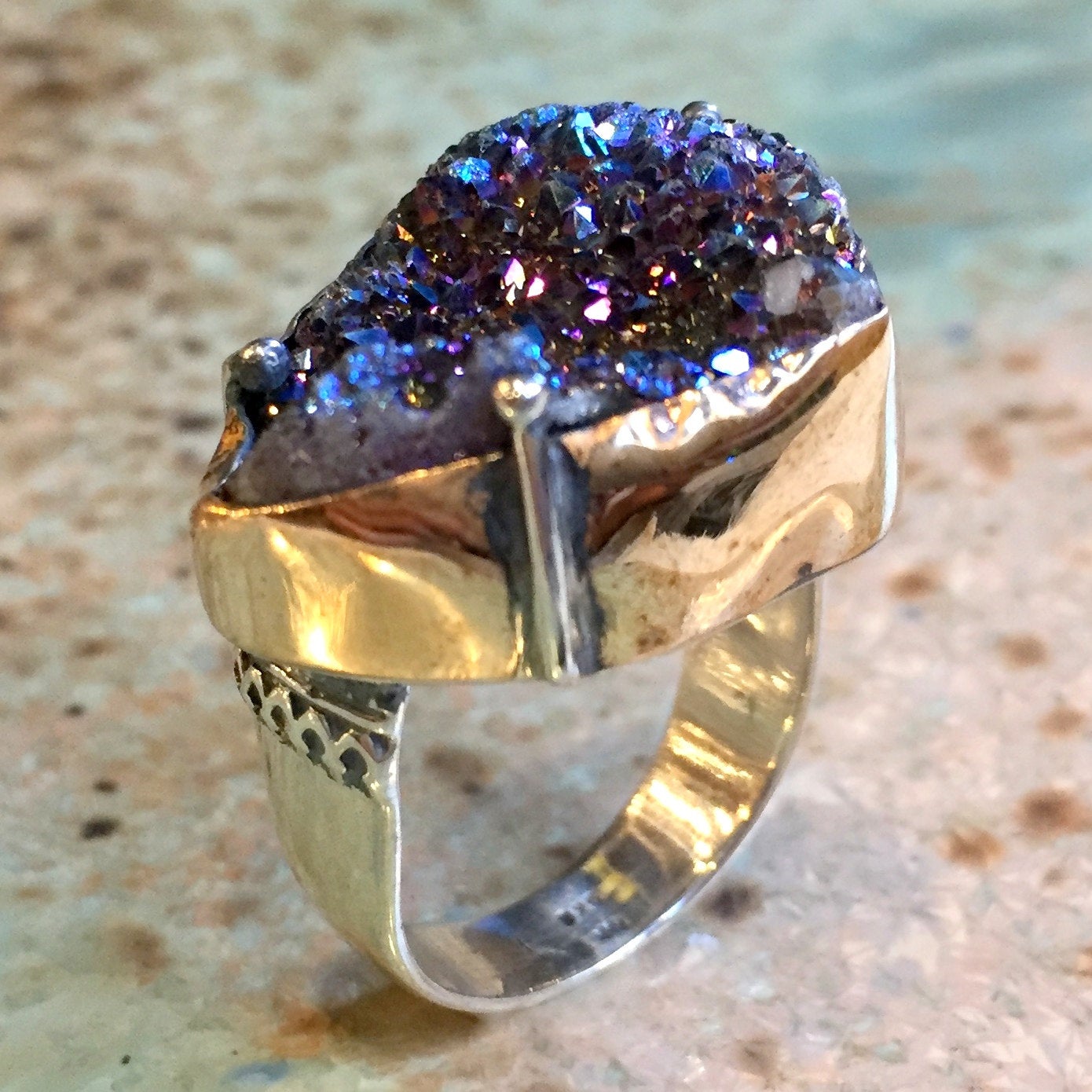 Chunky sold Pink & Purple Double Druzy Crystal Gold Ring