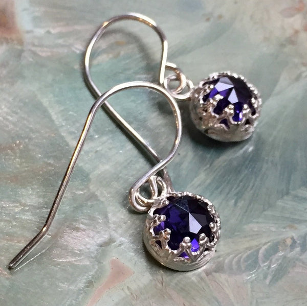 Amethyst earrings, crown earrings, purple stone earrings, Silver Dangle earrings, casual earrings, Small gemstone earrings - Nirvana E8059