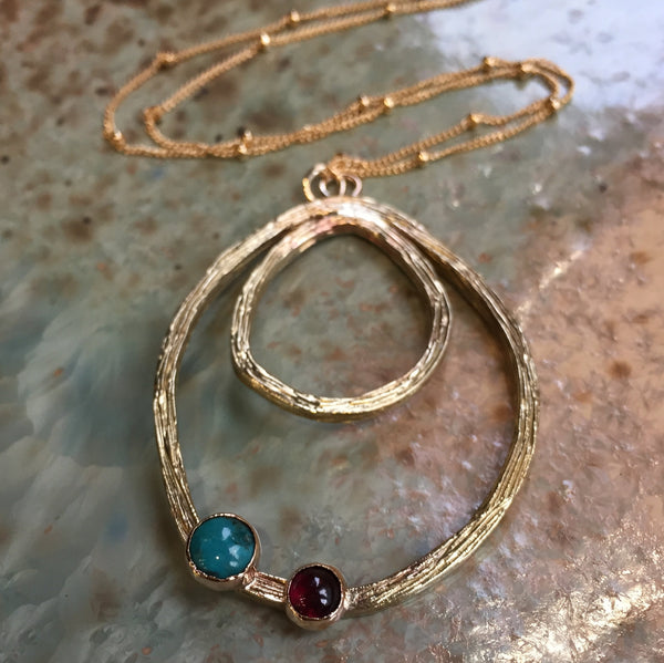 Gold filled brass necklace, circles pendant, large oval pendant, modern jewelry, turquoise garnet necklace - This Must Be Love N2048