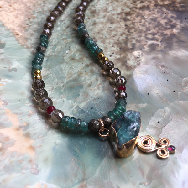 Apatite smoky quartz OOAK beaded goldfilled necklace