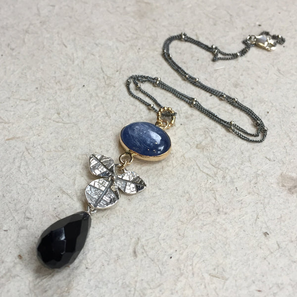 Kynite necklace, Silver gold necklace, leaves necklace, floral necklace, onyx necklace, long pendant, botanical pendant - Thru My Eyes N2051