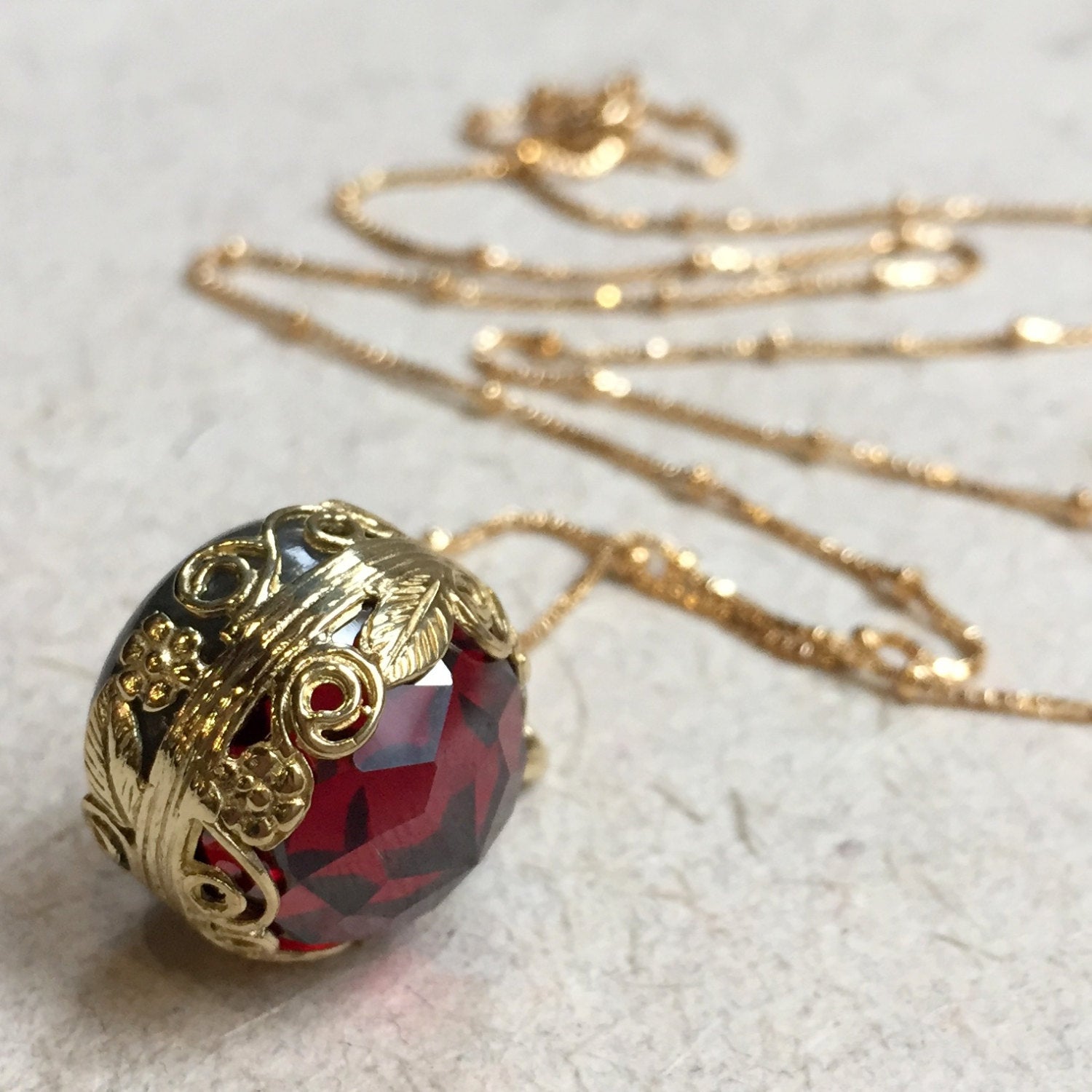 Garnet pendant, Labradorite Golden brass necklace, birthstones pendant, two sides pendant, floral energy ball, boho - Neverland NK2000-3