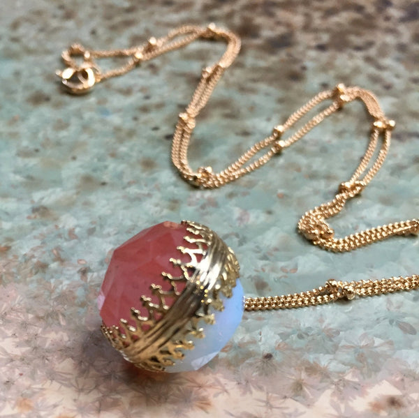 Golden brass necklace, Opalite and cherry quartz necklace, birthstones pendant, Double sided pendant, floral pendant -  Be Loved NK2006-5
