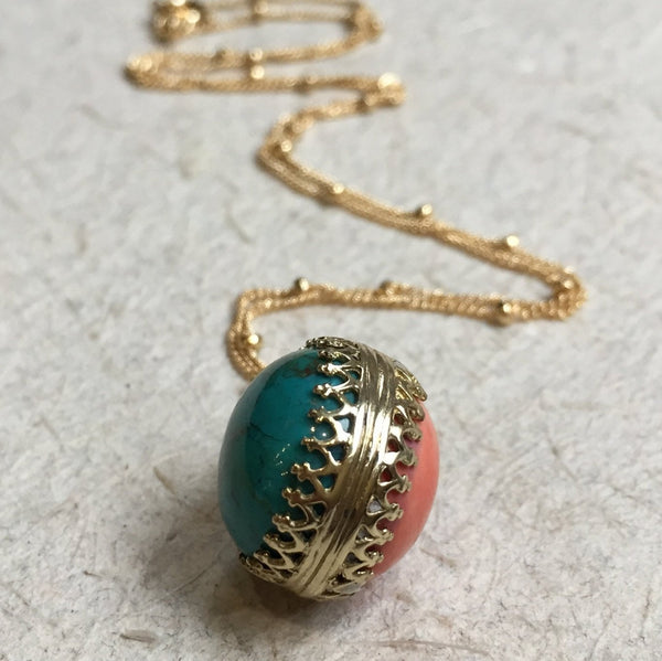 Turquoise and peach coral necklace, Golden brass necklace, birthstones pendant, Double sided pendant, crown pendant -  Be Loved NK2006-6