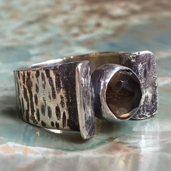 Smoky quartz ring, Sterling silver ring, gemstone ring, rustic ring, grooved silver ring, gemstone silver ring - At first light R1531S-1