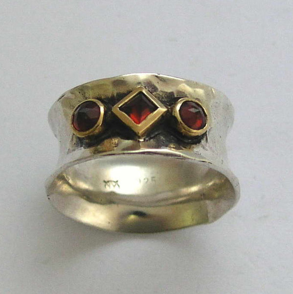 Silver gold garnets ring, two tones band, Sterling silver band, mothers ring, wide band, birthstones family ring - always yours 3 R1019C