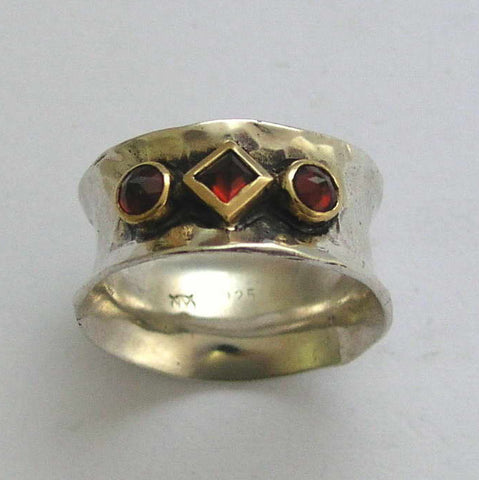 Silver gold garnets ring, two tones band, Sterling silver band, mothers ring, wide band, birthstones family ring - always yours 3 R1019C