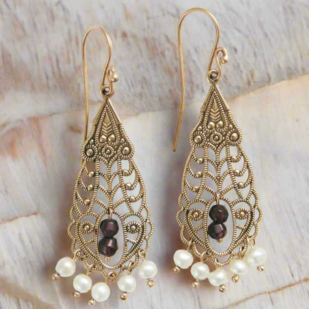 Solid Rose gold Earrings, Garnet earrings, chandelier gold earrings, bridal earrings, fresh water pearl earrings, boho - The temple EG0795