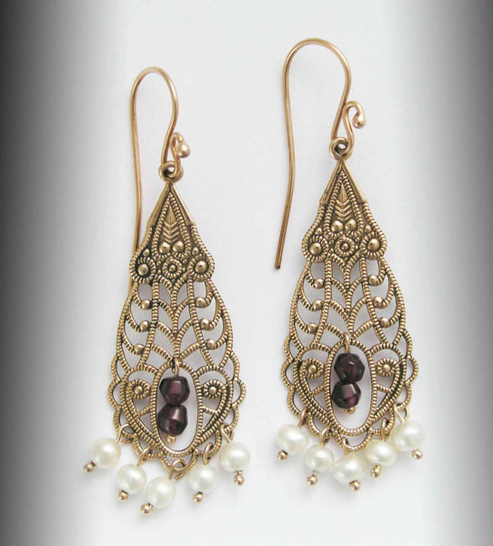 Solid Rose gold Earrings, Garnet earrings, chandelier gold earrings, bridal earrings, fresh water pearl earrings, boho - The temple EG0795